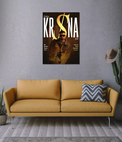 KR$NA gold and brown wall poster displayed above a sofa - Everanta