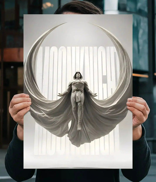 Moon Knight wall poster with a crescent-shaped cape and monochrome typography - Everanta