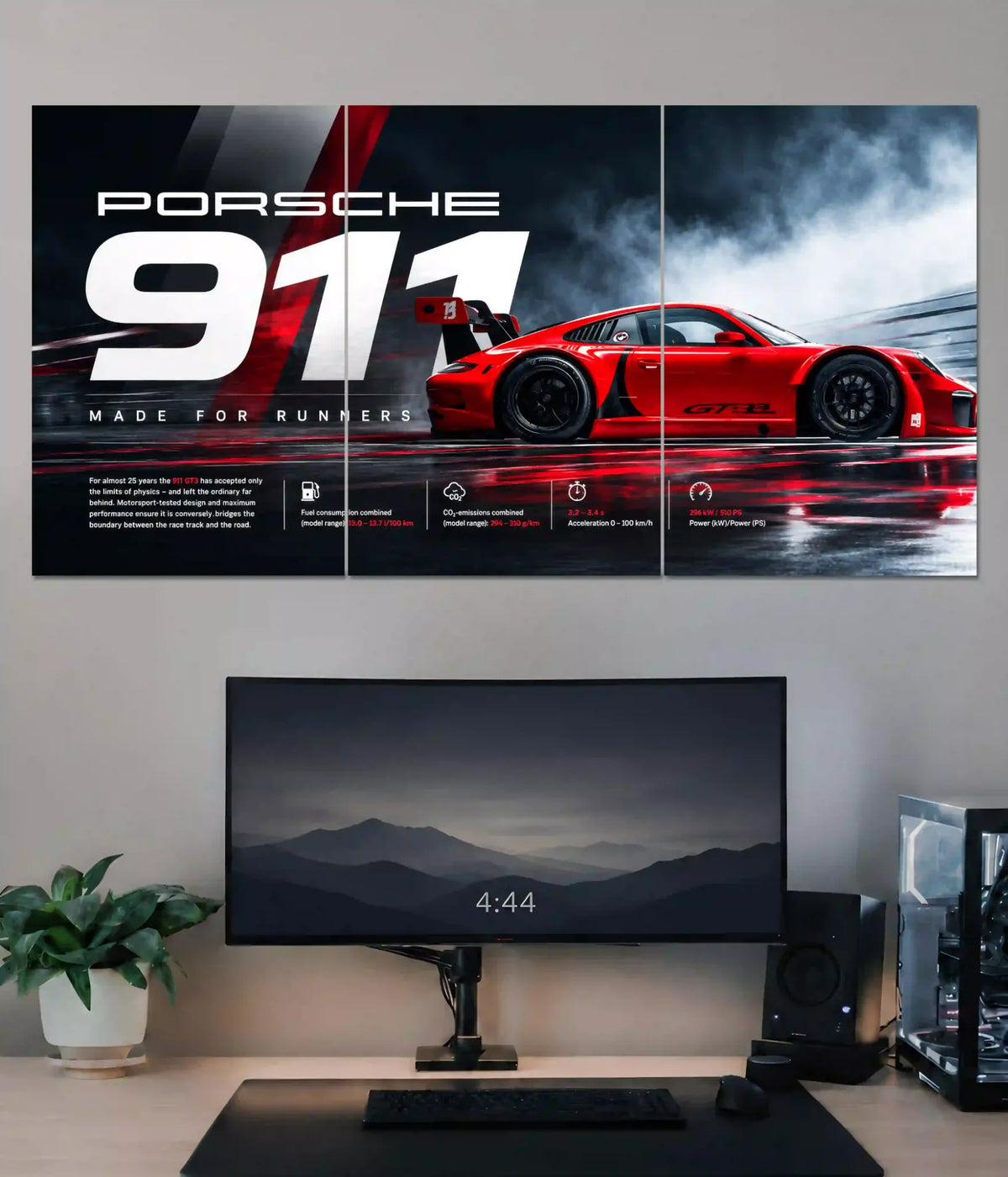 Red Porsche 911 three-panel split poster with smoke and racing typography above a gaming desk