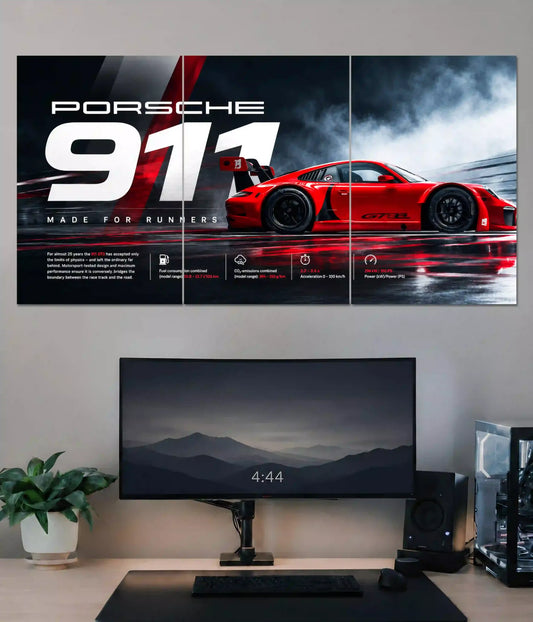 Red Porsche 911 three-panel split poster with smoke and racing typography above a gaming desk