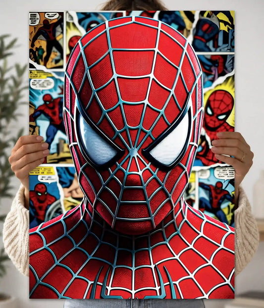 Spider-Man red mask close-up wall poster with silver web detailing and comic-panel collage - Everanta
